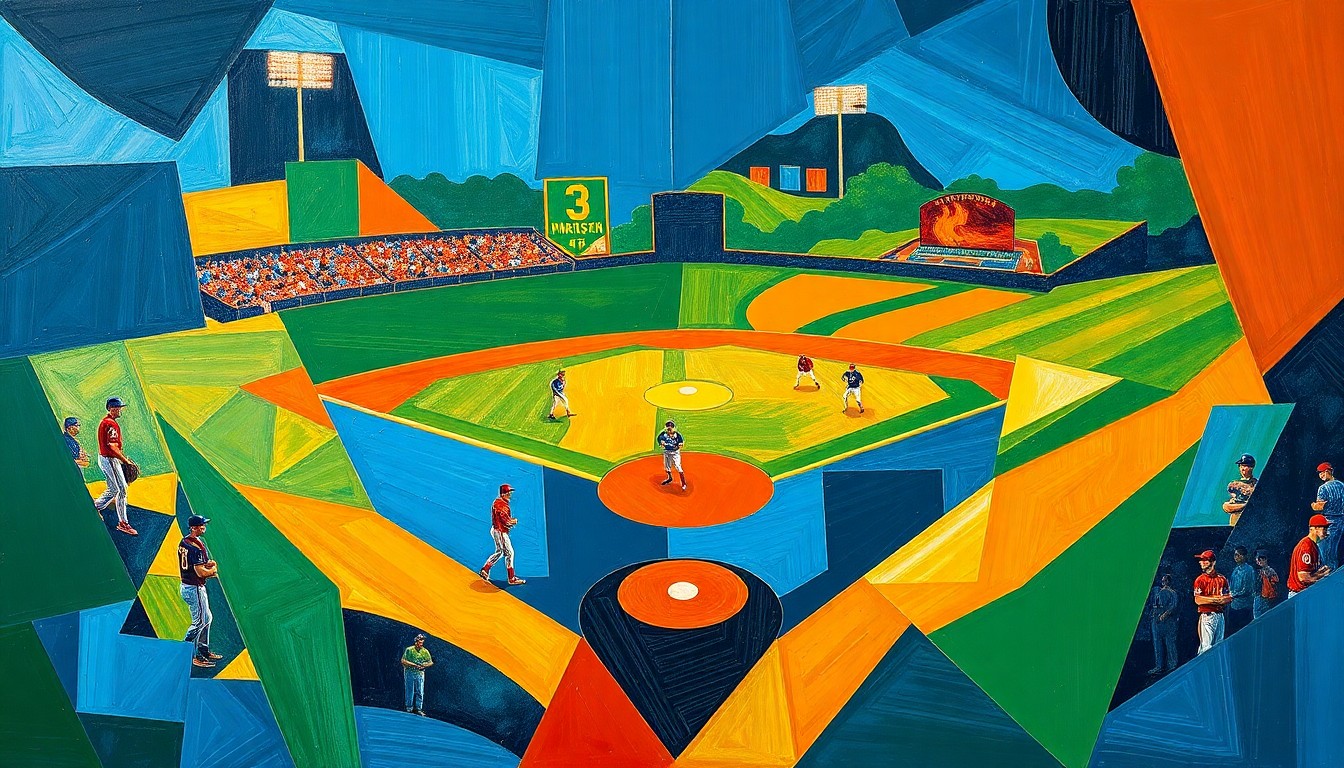 A cubist, geometric painting depicting a fragmented college baseball game, with the players and field broken down into sharp, overlapping shapes in a vibrant color palette, conveying the frustration and disjointed nature of Stanford's loss to Miami.