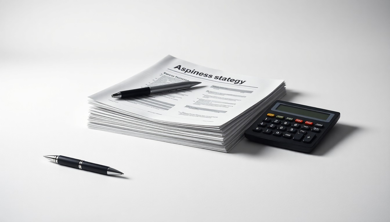 A minimalist studio still life photograph featuring a stack of business reports, a pen, and a calculator arranged elegantly on a clean, monochromatic background, symbolizing the financial and strategic uncertainties facing Dave & Buster's Entertainment.