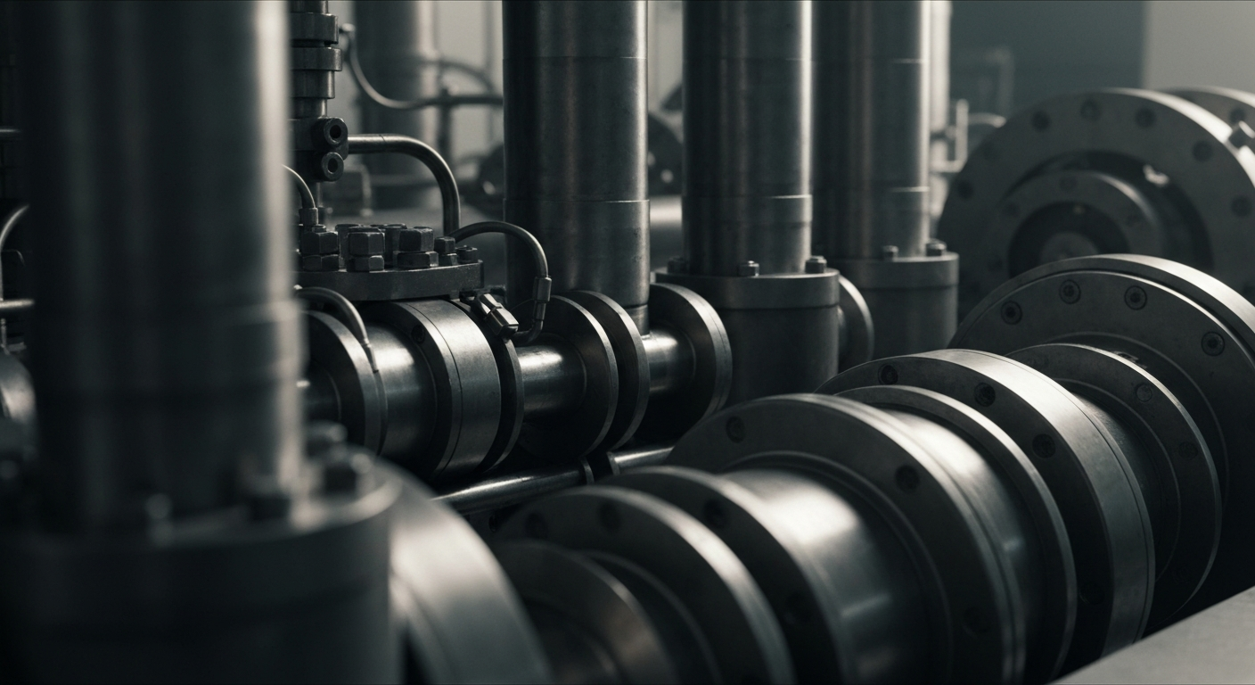 An extreme close-up of intricate, heavy industrial machinery and equipment used in the production of isotopes, conveying a sense of secure, tangible financial assets without literal currency or charts.