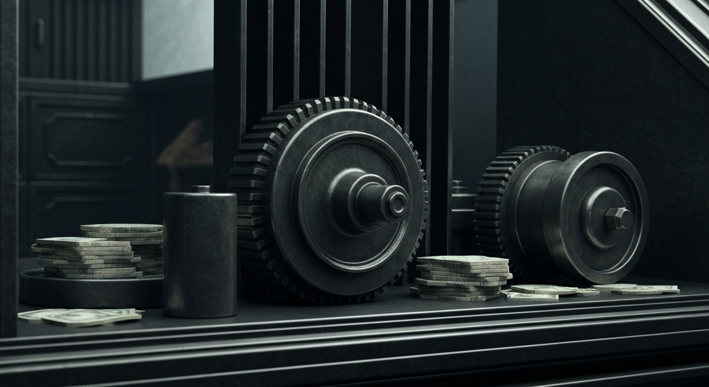 An extreme close-up of gears, levers, and other industrial banking machinery, conveying a sense of financial power and institutional stability without using literal currency or charts.