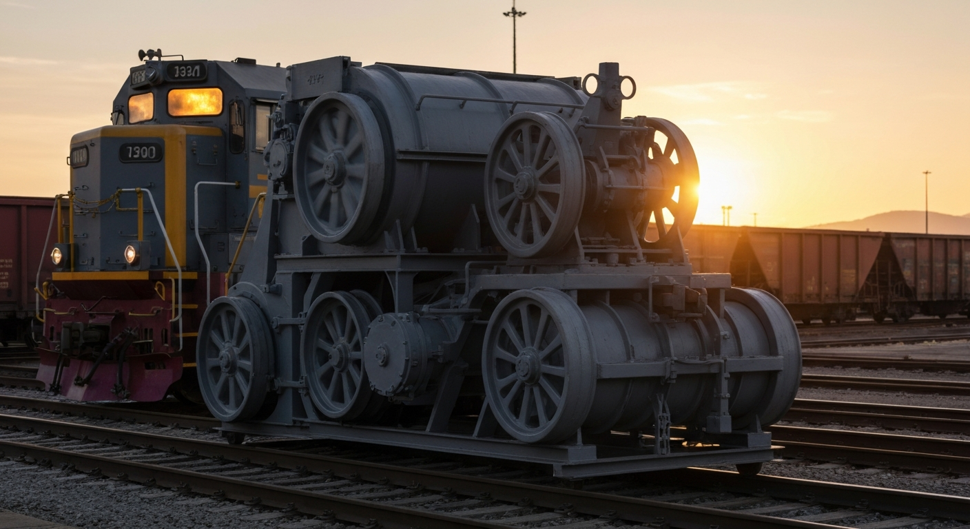 An extreme close-up of the complex mechanical components and heavy-duty materials that make up a railroad freight car, conveying the industrial power and precision of Greenbrier's manufacturing capabilities.