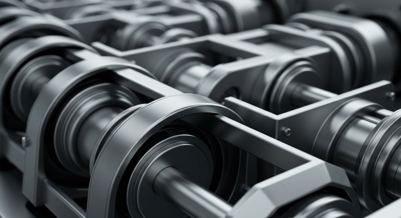 An extreme close-up of complex, industrial-looking banking machinery and equipment, conveying the secure and powerful nature of the health insurance industry without using any text or identifiable elements.