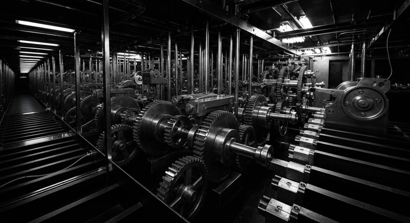 An extreme close-up of complex, interlocking financial machinery and banking equipment, representing the institutional investment flowing into Netflix.