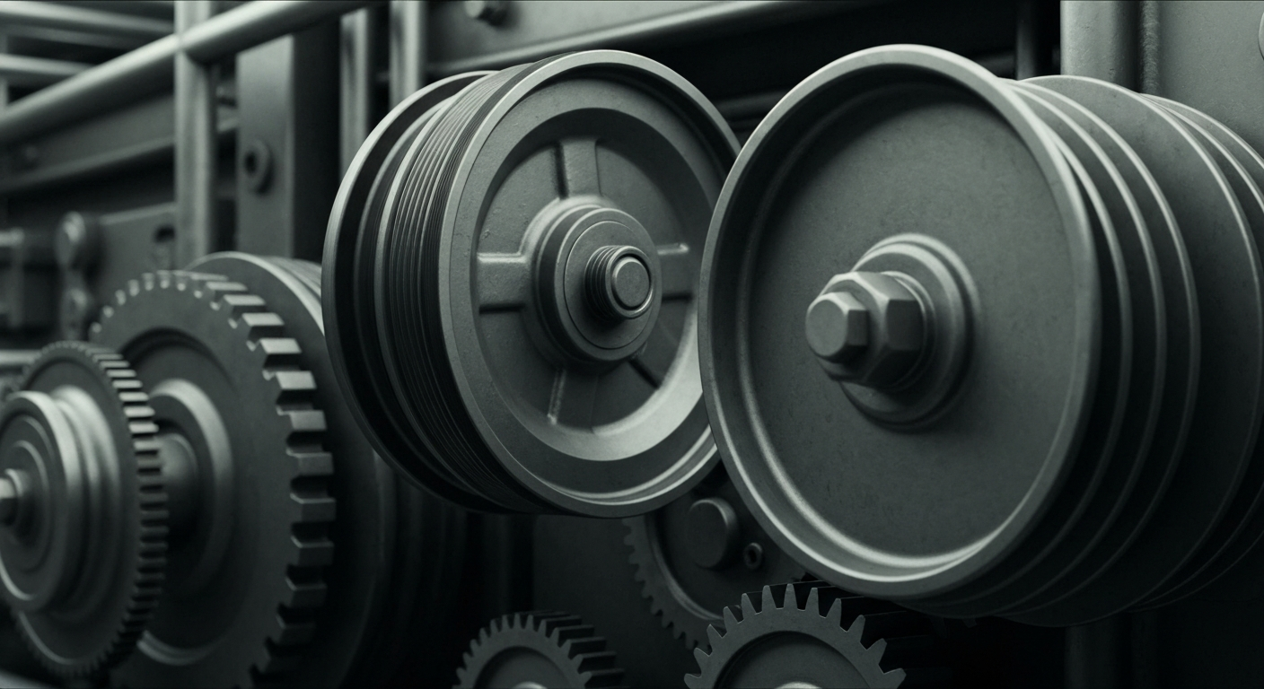 An extreme close-up of industrial gears and pulleys in muted steel grey tones, conceptually representing the financial machinery and institutional power behind Home Depot's growth as a leading home improvement retailer.