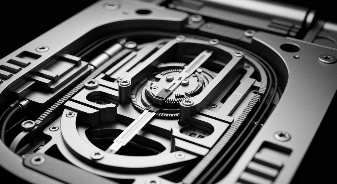 A high-contrast, black and white close-up image of the intricate inner workings and machinery of a continuous glucose monitoring device, conveying the technical sophistication of DexCom's medical technology.