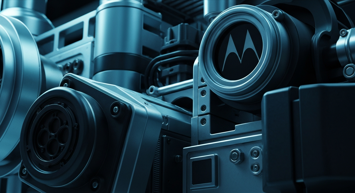 An extreme close-up of industrial communications equipment and machinery, with a heavy, metallic texture and dark, moody lighting, conceptually representing the industrial foundations of Motorola Solutions' business.