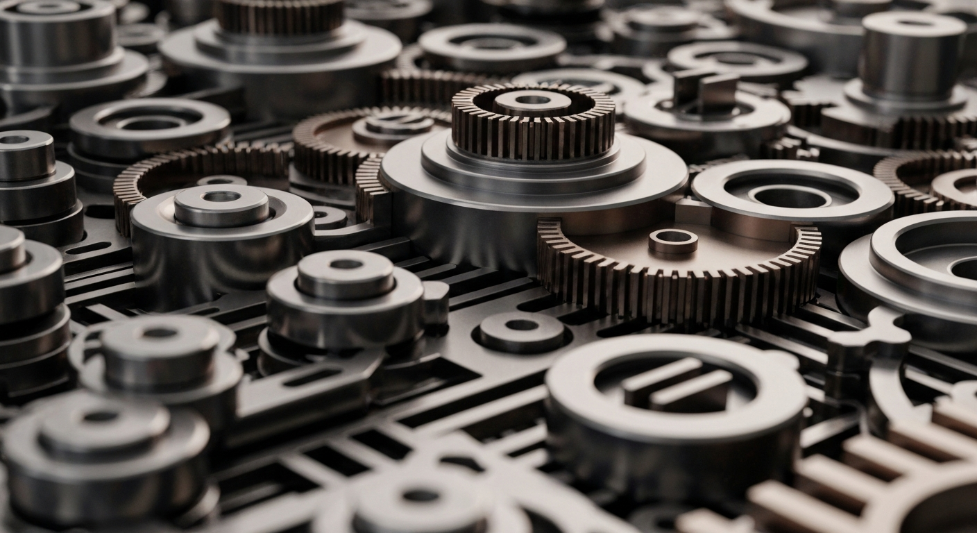 An extreme close-up of intricate, polished metal gears and machinery in shades of steel grey, bronze, and black, conceptually representing the complex, high-precision equipment used in semiconductor fabrication.