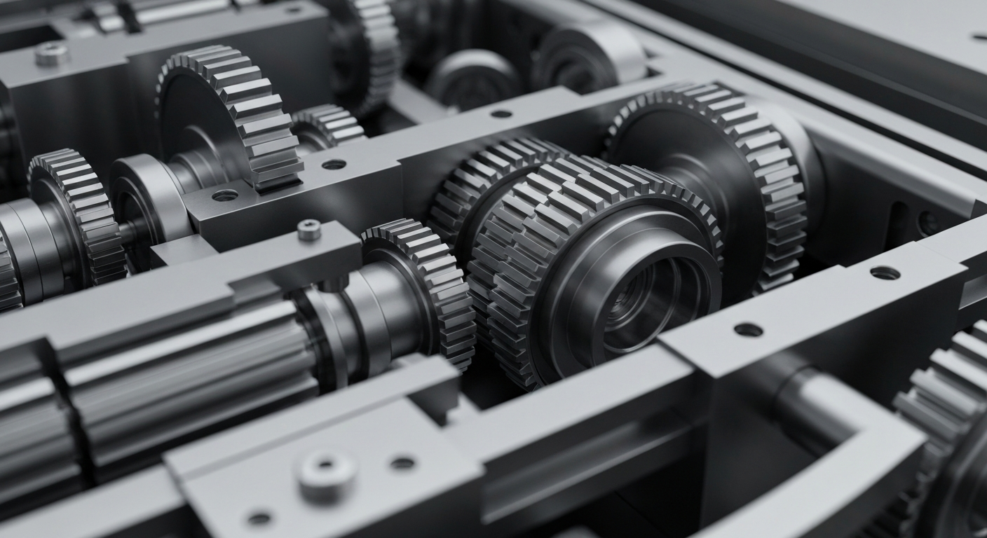 An extreme close-up of intricately machined metal gears and components, representing the complex machinery used in semiconductor manufacturing, without any text or branding.