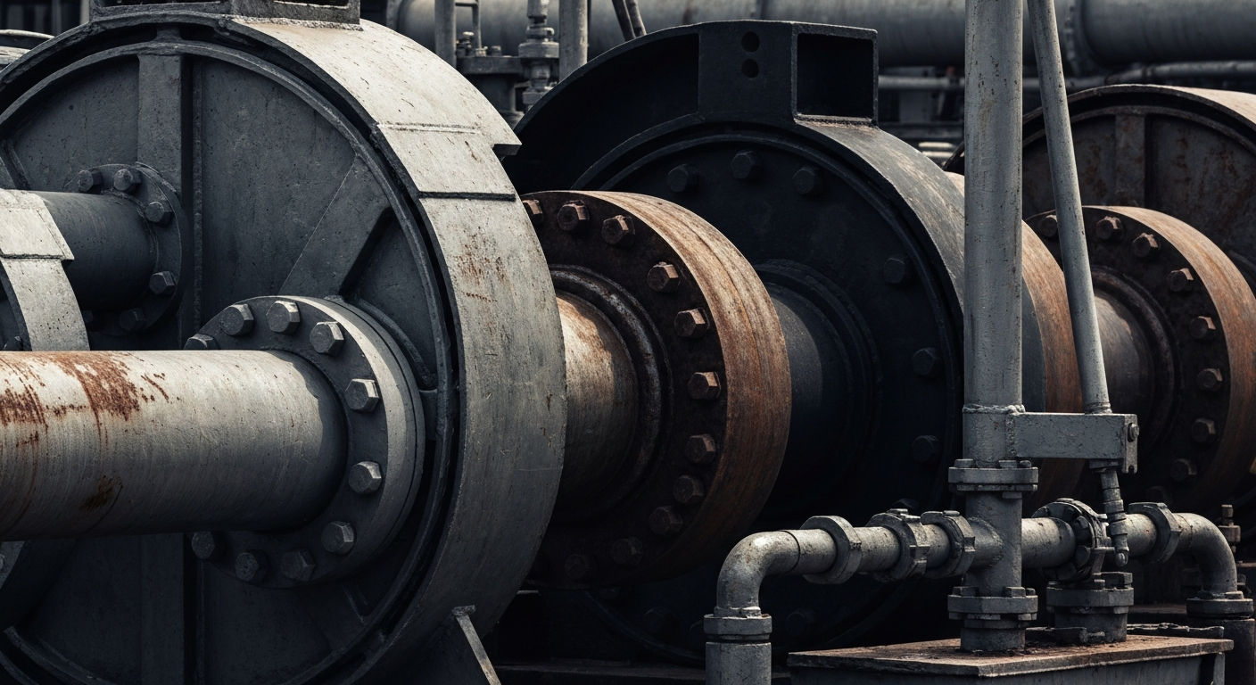 An extreme close-up of industrial oil and gas equipment, including pipes, valves, and heavy machinery, conveying the physical scale and power of the energy industry.