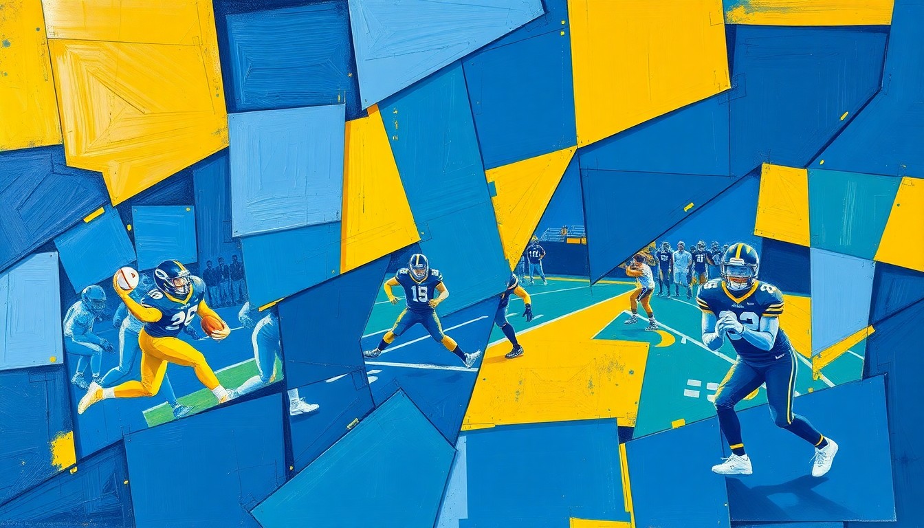A cubist, geometric painting in navy blue and gold hues, depicting fragmented and overlapping shapes that represent the dynamic action of a football game or practice.