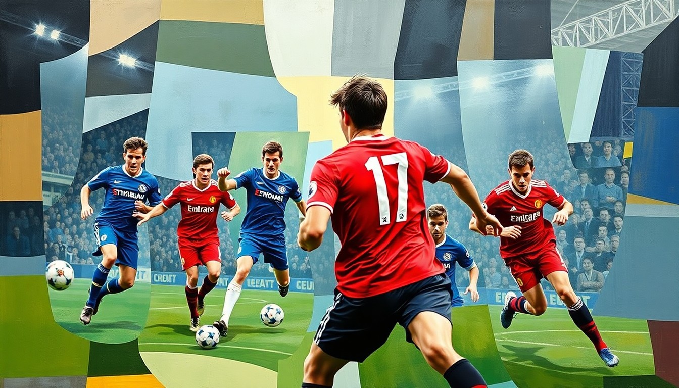 A cubist, geometric painting depicting the intensity and dynamism of a soccer match between Manchester United and Chelsea, with the players' forms deconstructed and abstracted into sharp, overlapping planes of color and shape.