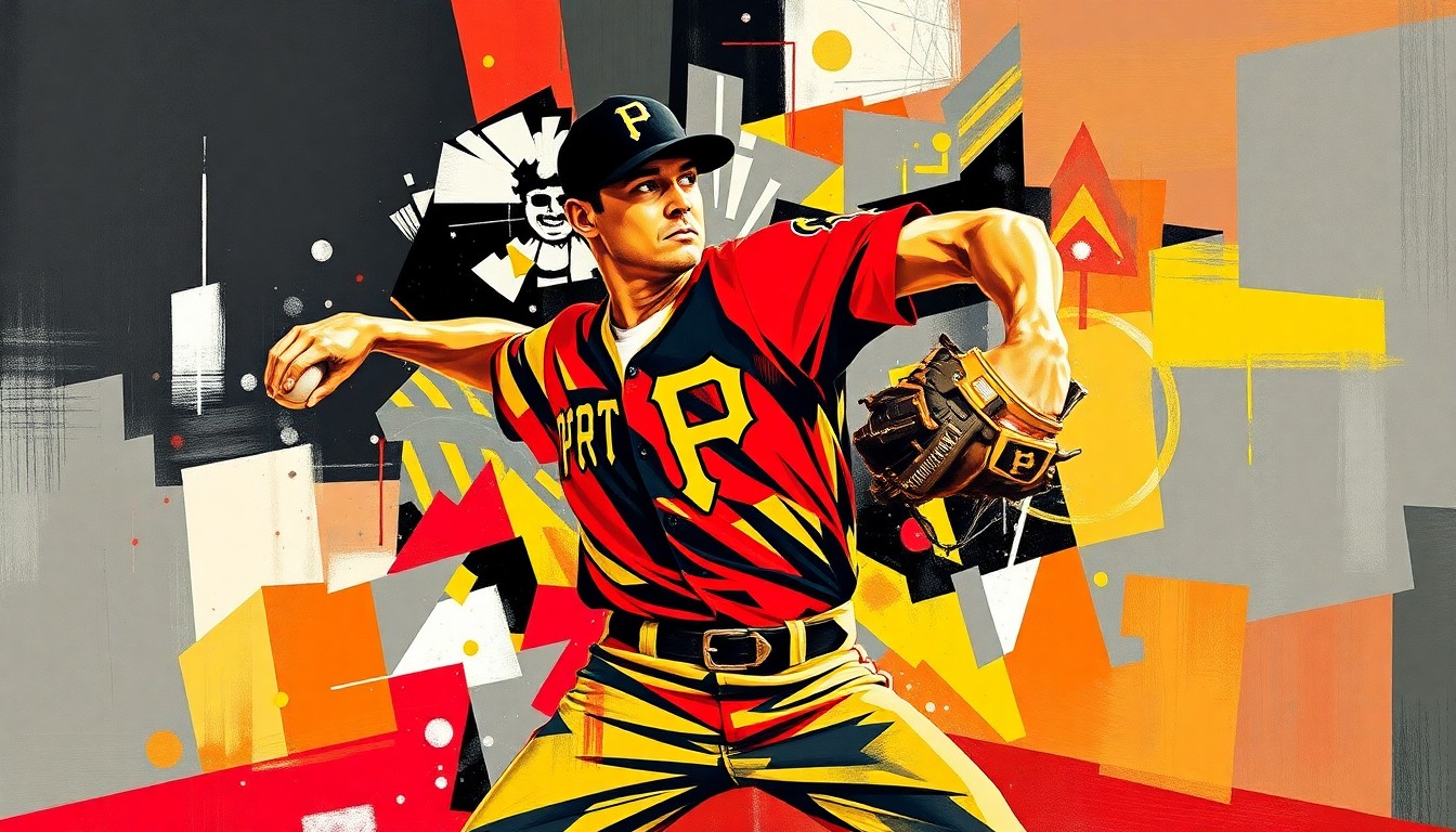 A fragmented, geometric painting depicting the motion of a baseball pitcher, rendered in the bold colors of the Pittsburgh Pirates' team palette.