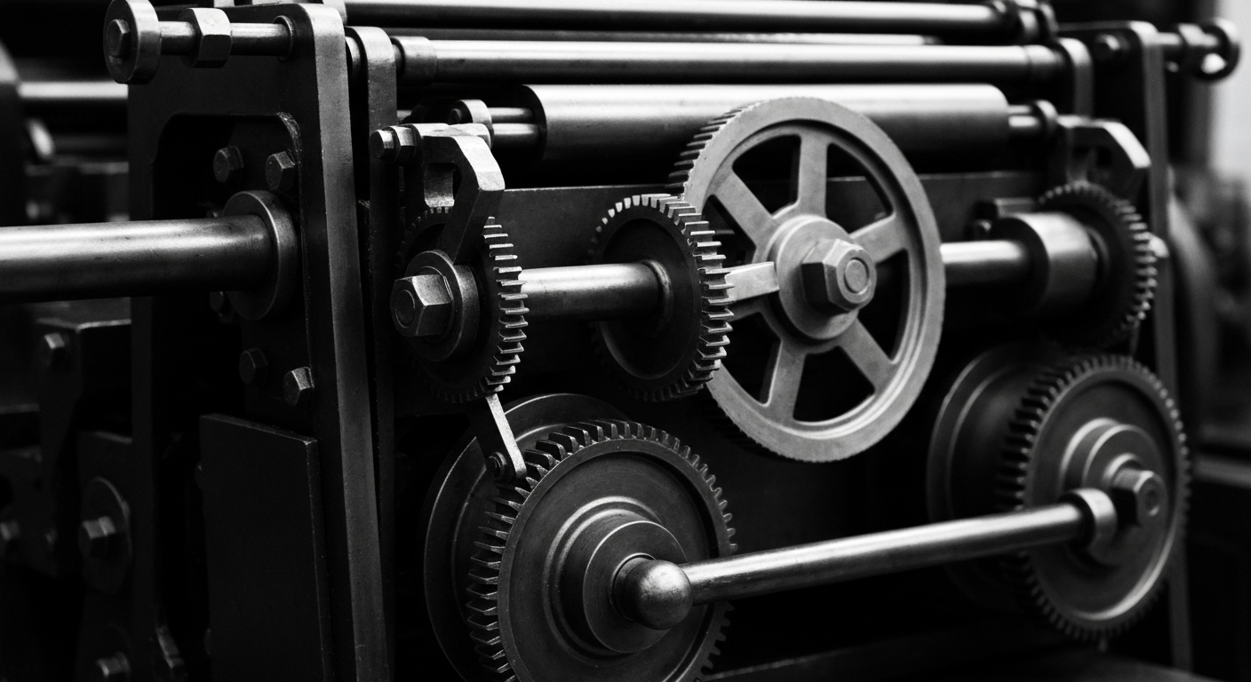 An extreme close-up of the heavy, metallic gears and components of an industrial printing press, conveying the complex, high-tech infrastructure that enables modern publishing.