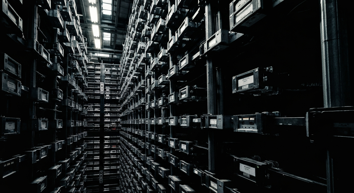 An extreme close-up of the heavy, intricate machinery and components that make up a modern data storage facility, conveying a sense of the scale, complexity, and technological sophistication of Western Digital's operations.