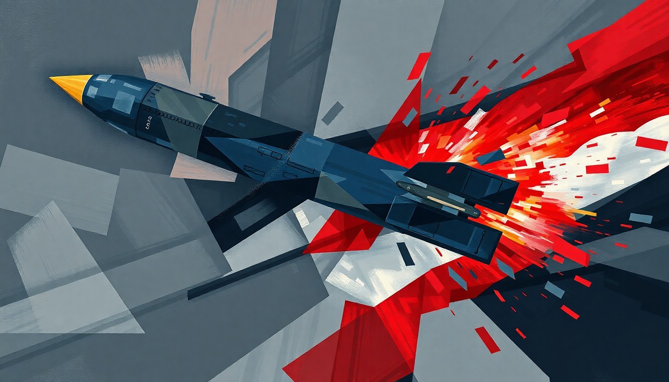 A fractured, abstract painting depicting a military vehicle or missile in overlapping geometric shapes and waves of dark, moody colors, conceptually representing the chaos and disruption of the U.S.-Israel war against Iran.