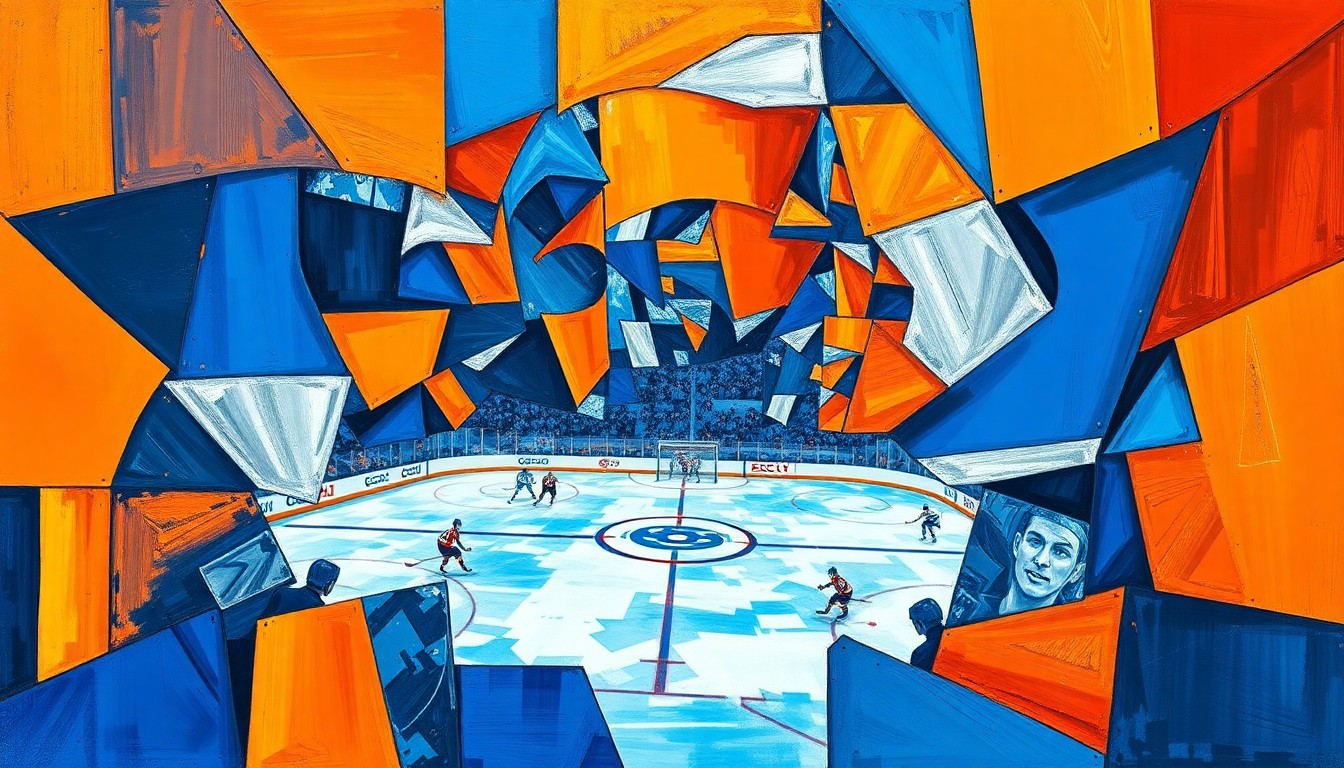 A fractured, geometric painting depicting the chaotic energy of a hockey game, with players and the puck rendered as overlapping angular shapes in a vibrant color palette.
