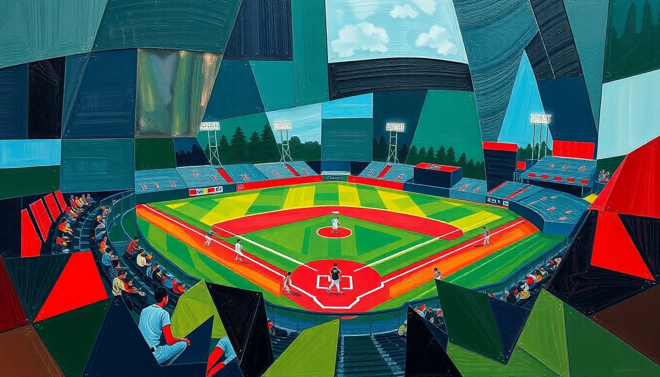 A fragmented, geometric painting depicting a high school baseball game from multiple perspectives, using bold colors and angular shapes to capture the dynamic movement and intensity of the sport.