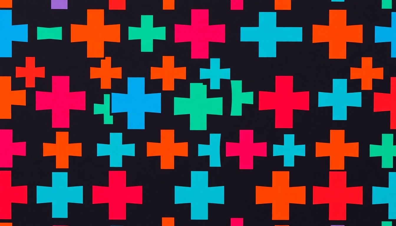 A vibrant, high-contrast silkscreen print featuring a stylized medical cross icon repeated in a grid pattern, using a bold neon color palette to conceptually represent the new Fulton County health services center.