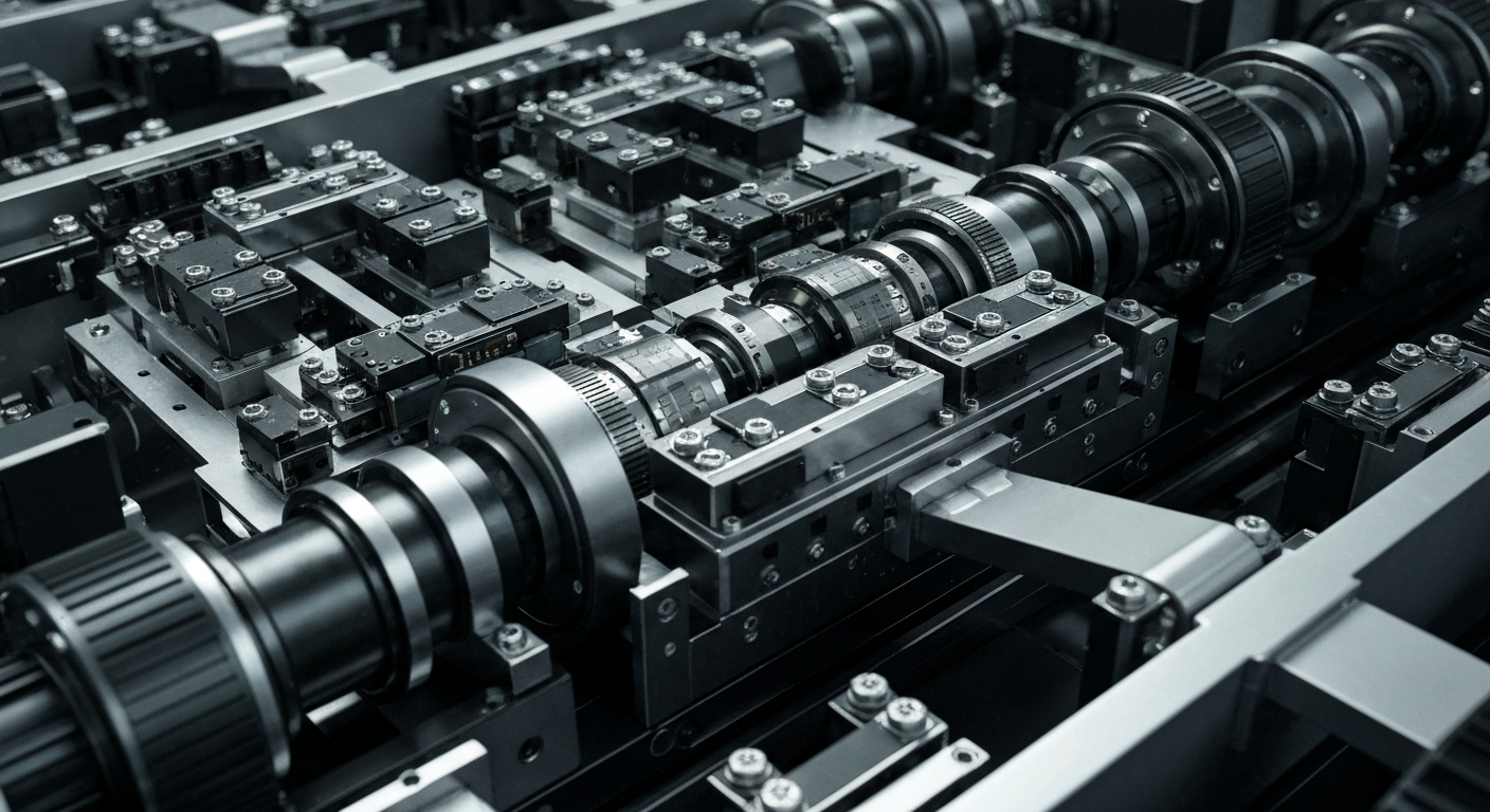 An extreme close-up of complex, heavily textured semiconductor manufacturing machinery, conveying a sense of industrial power and technological sophistication without using any text or identifiable branding.