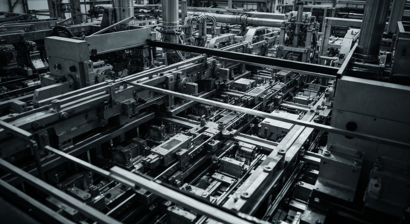 A close-up, cinematic view of the intricate inner workings and machinery of a semiconductor fabrication plant, captured in high-contrast, documentary style to convey the complex, industrial nature of semiconductor manufacturing.