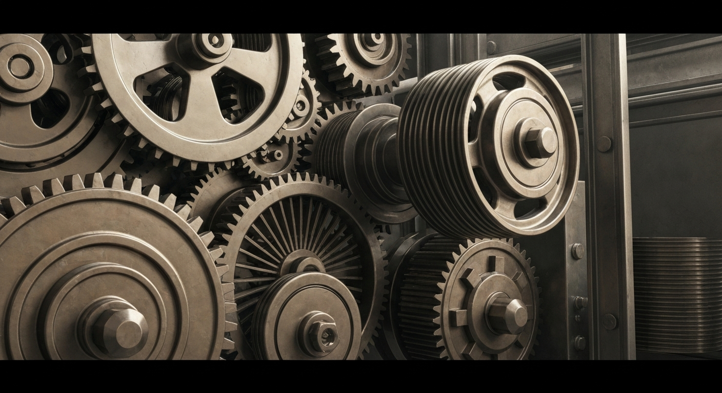 A highly detailed, cinematic macro photograph of the heavy, industrial machinery and mechanisms that make up the financial infrastructure of a major media company, rendered in muted tones of steel, copper, and oil.