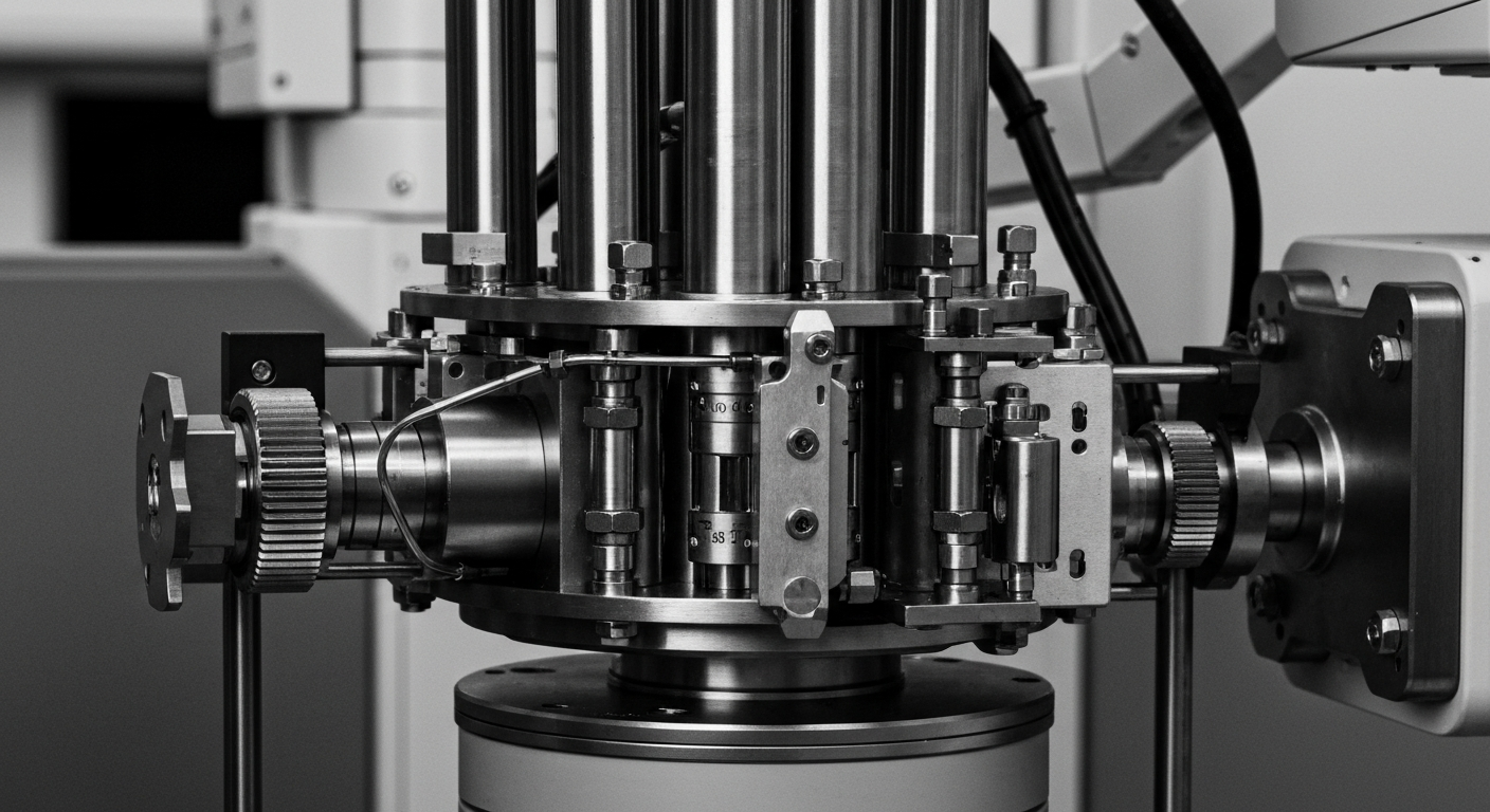 A high-contrast black and white close-up image of the intricate gears, sensors, and mechanical components that make up the core of an Intuitive Surgical robotic surgical system, conveying the complex, industrial nature of the advanced medical technology.