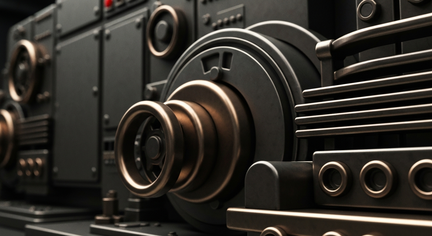 An extreme close-up of industrial banking equipment and machinery, with a focus on the heavy, textured materials and intricate mechanical components, conveying a sense of institutional financial power and security.