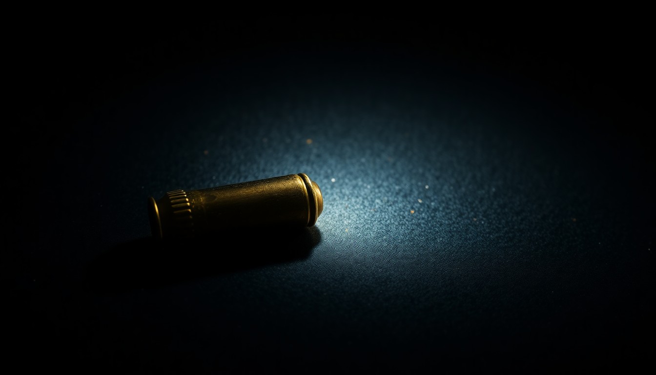 An extreme close-up photograph of a single spent bullet casing on a dark, textured surface, lit by a harsh, direct camera flash, conceptually illustrating the physical evidence from a shooting incident.