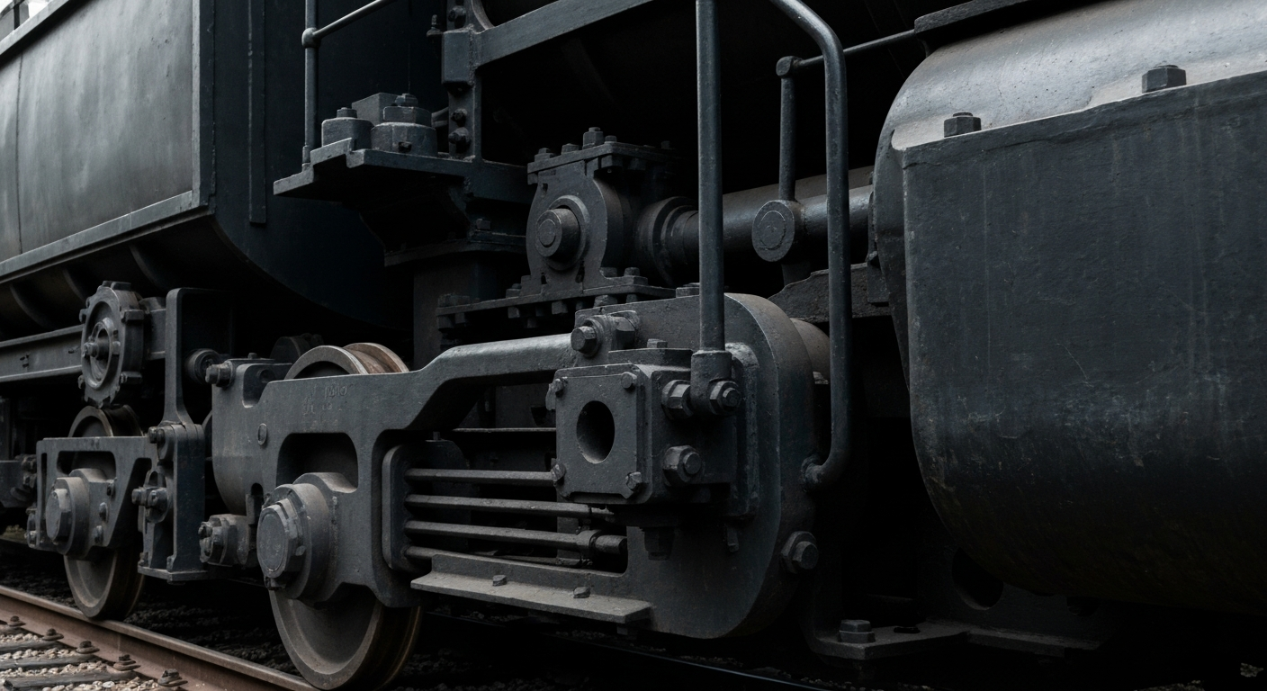 An extreme close-up of intricate, metallic railroad machinery and equipment, conveying the industrial might and infrastructure behind the rail transportation industry.