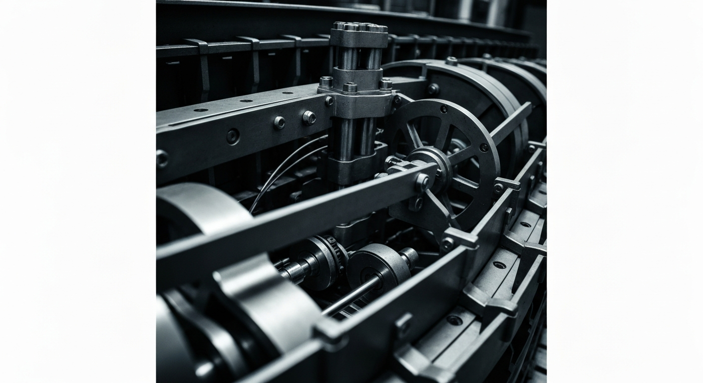 A close-up, high-contrast image of complex financial machinery and banking infrastructure, conveying a sense of power and security in the world of global finance.