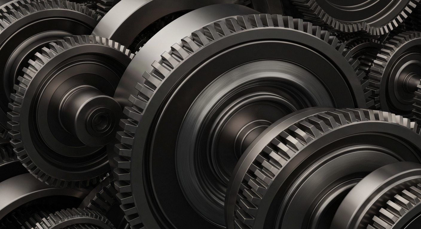 A highly detailed, cinematic close-up image of heavy, polished metal gears and machinery in shades of steel grey, bronze, and black, conveying the industrial power and financial security of a major aerospace corporation.