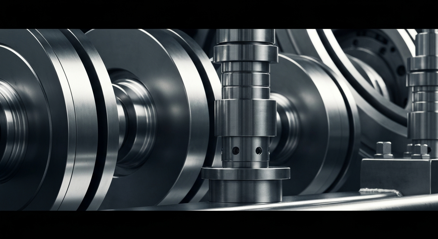 A cinematic close-up of heavy, polished steel machinery and equipment, representing the industrial power and precision of Nucor's steel production process.