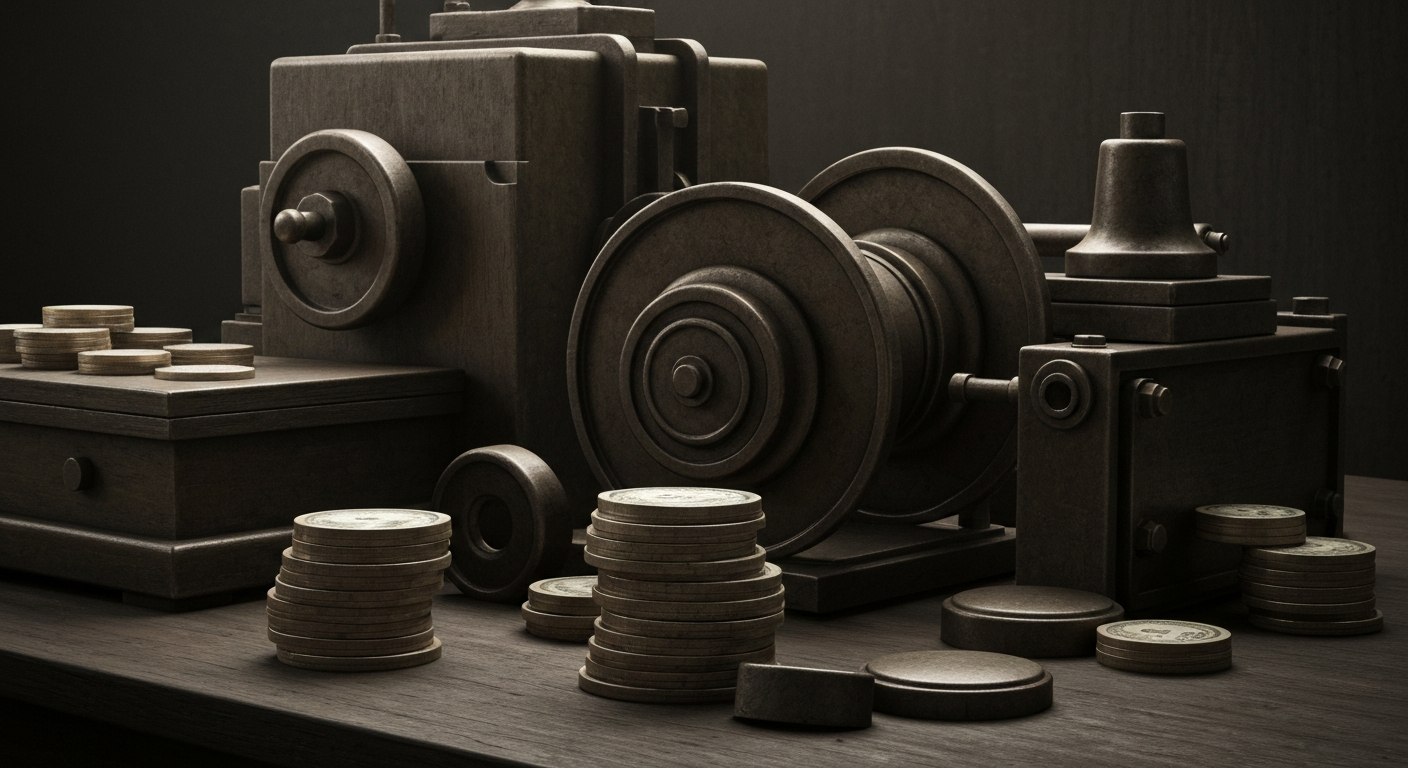 A dramatic, close-up view of intricate, industrial-looking banking equipment and mechanisms, conveying a sense of the complex financial infrastructure that underpins the banking industry.