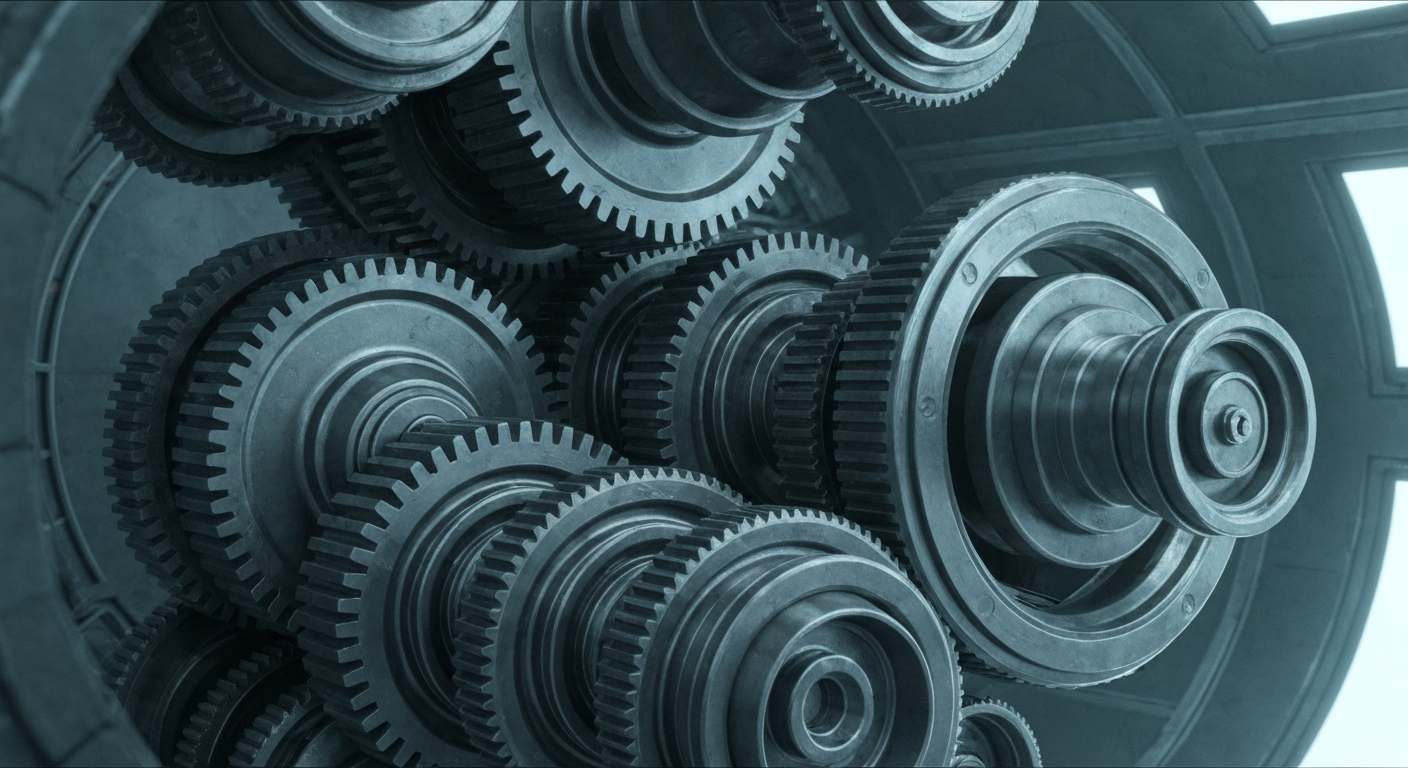 A highly detailed, cinematic close-up of complex, interlocking metal gears and machinery, conceptually representing the sophisticated inner workings of a global technology company.