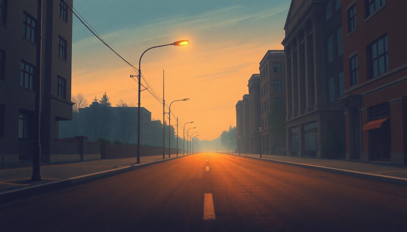 A dimly lit city street at dusk, with a single streetlight casting warm, diagonal shadows on the pavement, creating a sense of solitude and contemplation.