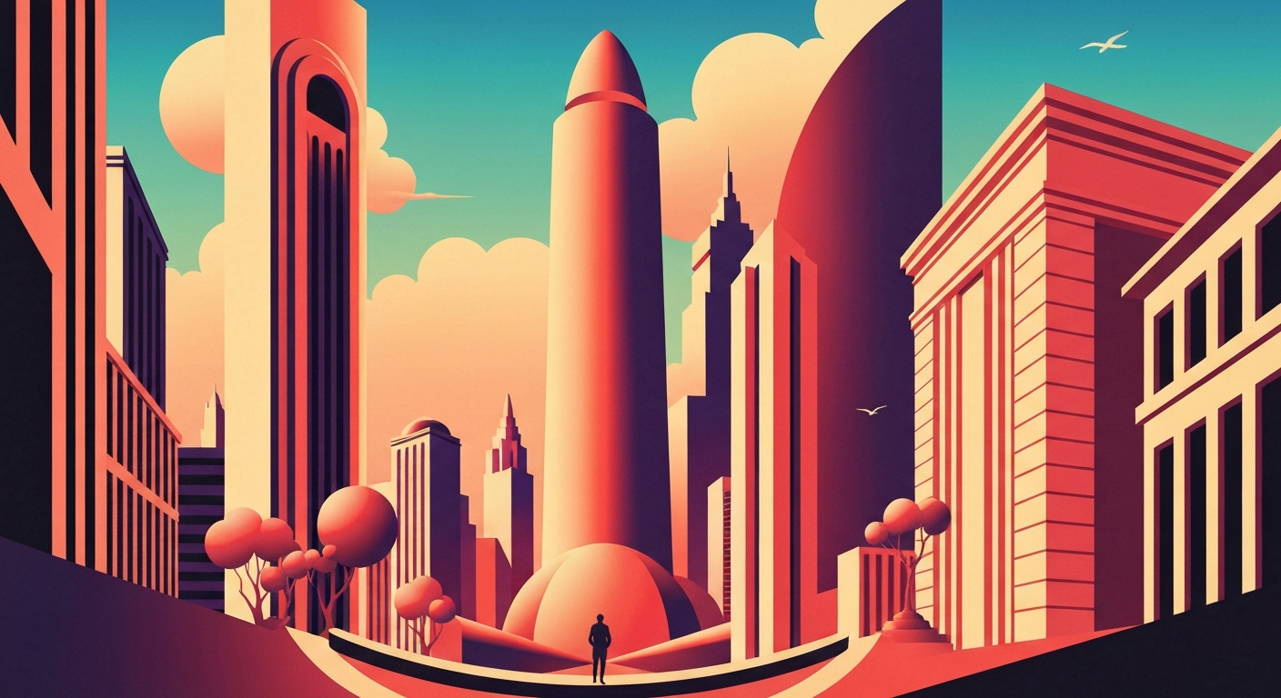 A highly stylized, geometric illustration featuring sweeping gradients of bright blue and orange hues, with towering architectural forms in the background, conceptually representing the grand scale and transportation aspects of the Sun 'n Fun Aerospace Expo.