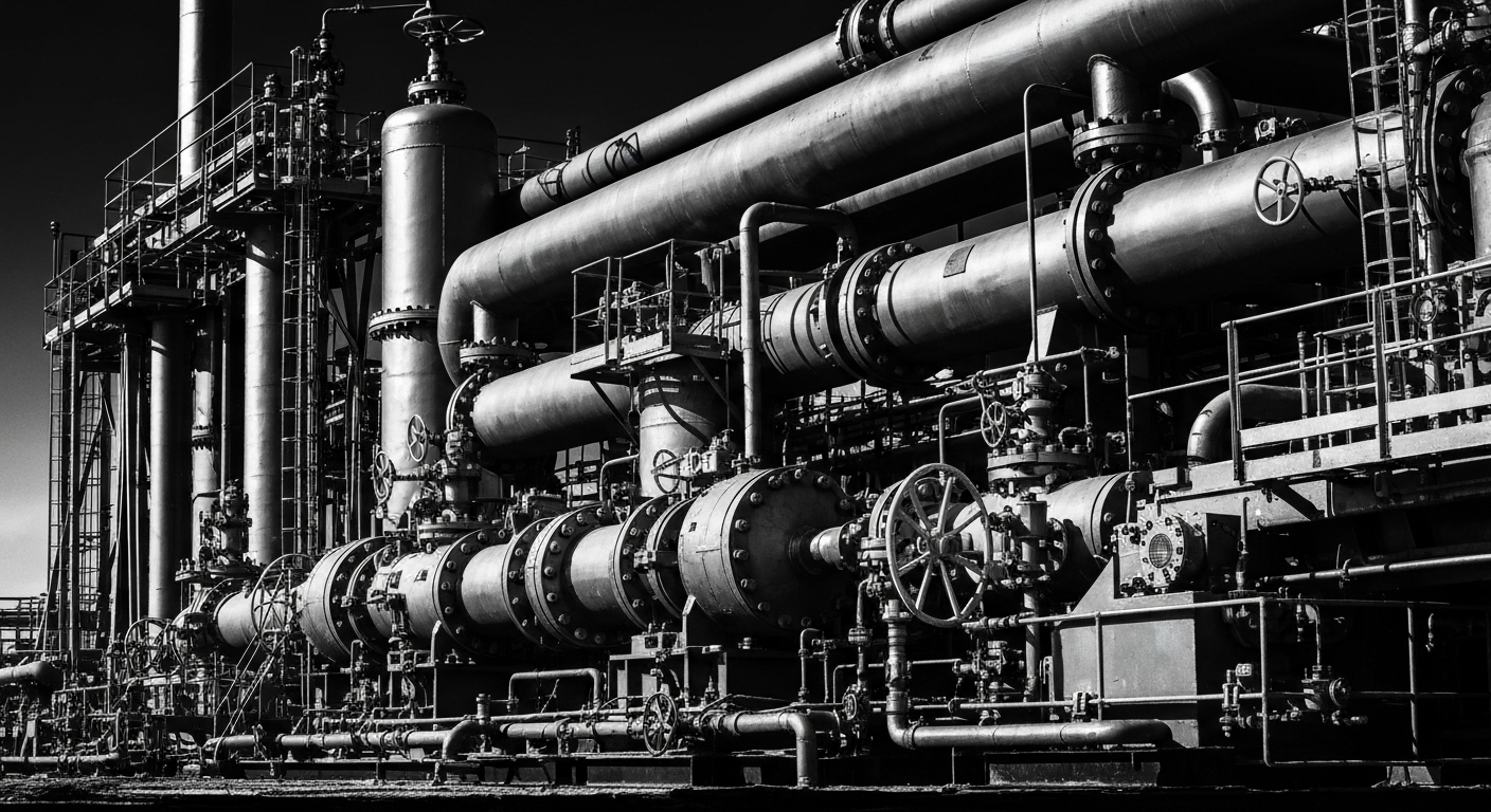 A high-contrast black-and-white close-up image of industrial machinery and equipment used in natural gas extraction, conveying the scale, power, and technical complexity of the energy industry.