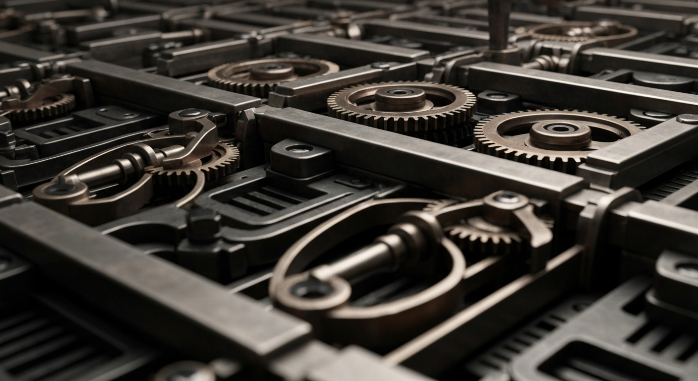 An extreme close-up of the heavy, industrial machinery and equipment that powers Moody's data and analytics services, representing the complex financial infrastructure that the company provides.
