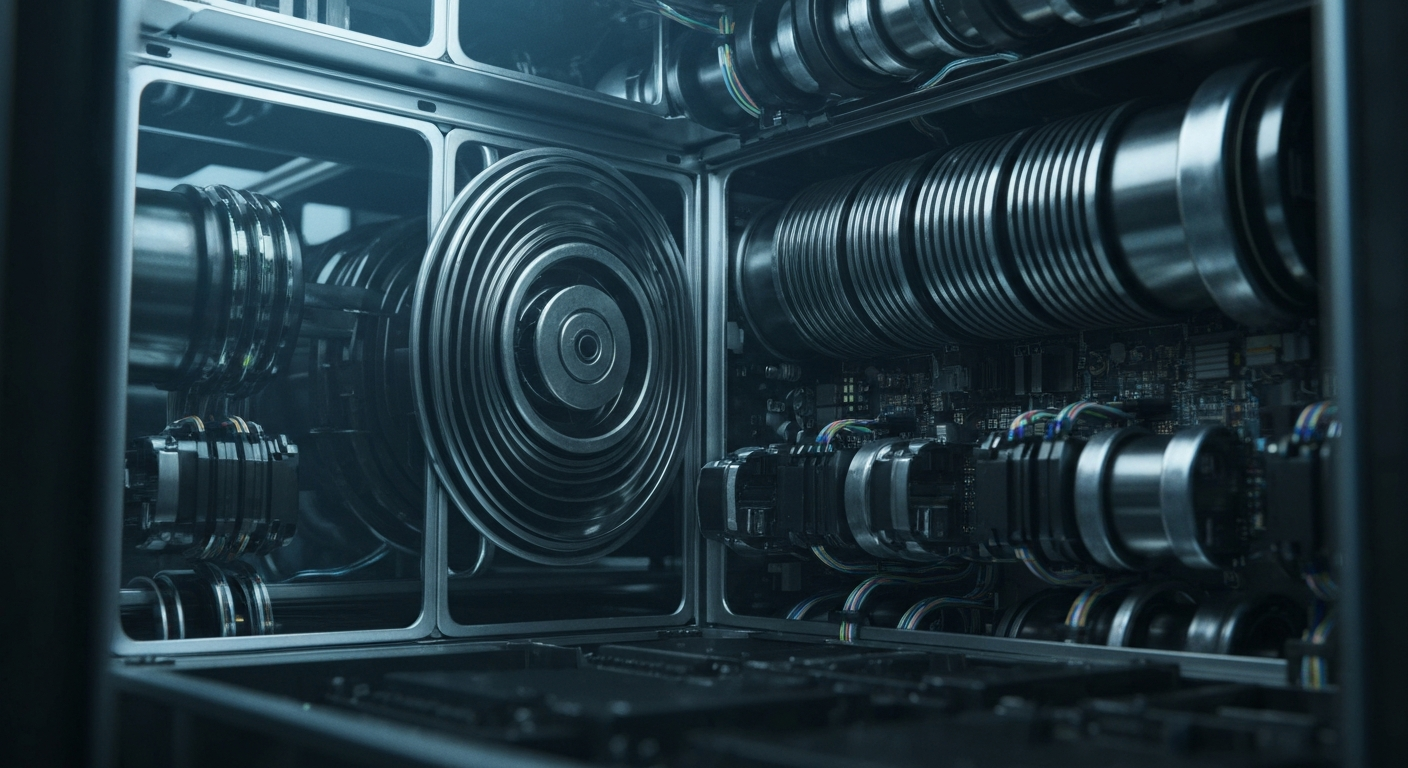 An extreme close-up of the intricate, metallic components and circuits of a high-performance computer server, conveying the complex infrastructure supporting Adobe's cloud-based creative tools.