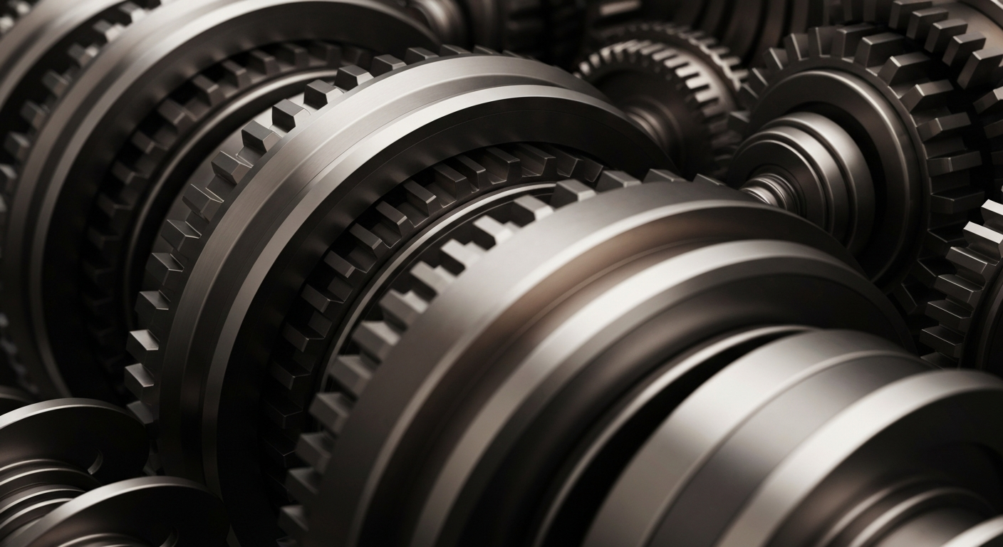 An extreme close-up of interlocking metal gears and machinery in shades of steel grey, bronze, and black, conceptually representing the secure, industrial infrastructure of the global healthcare supply chain.