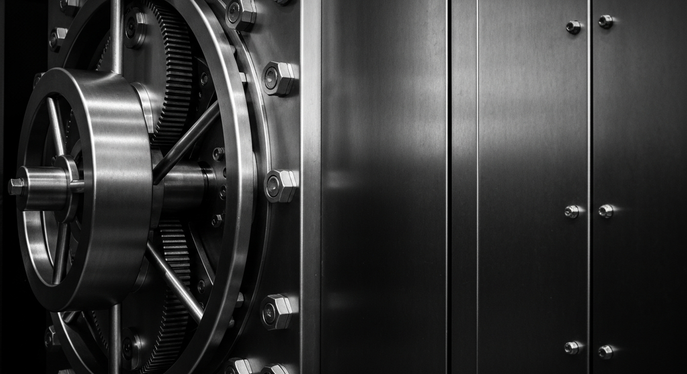 A high-contrast black and white close-up image of the complex inner workings of an industrial banking vault, representing the institutional investment and financial infrastructure behind major consumer brands.