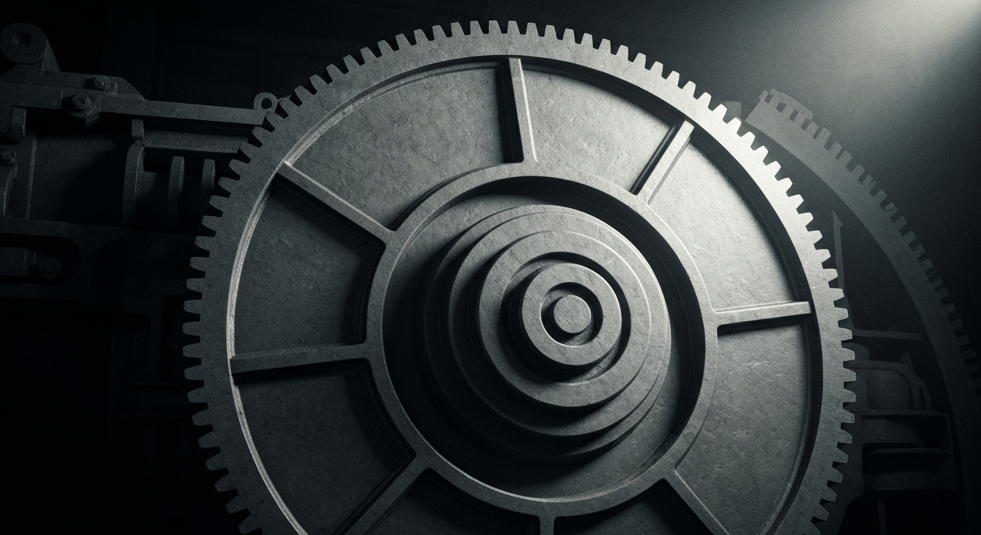 An extreme close-up of the intricate, industrial machinery that powers a mining operation, conveying the tangible, physical nature of the industry.