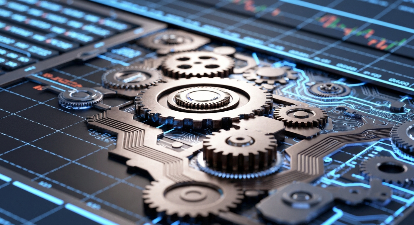 An extreme close-up of the complex inner mechanisms of a stock trading platform, with gears, circuits, and screens in shades of steel grey, bronze, and electric blue, conceptually representing the sophisticated financial infrastructure behind retail investing.