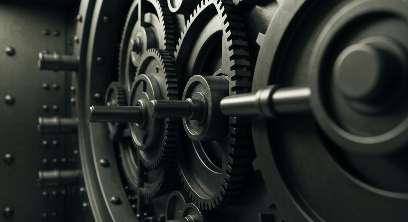 An extreme close-up of the heavy, metallic gears and mechanisms of a large banking vault, conveying a sense of financial security and institutional power without the use of any text or symbols.