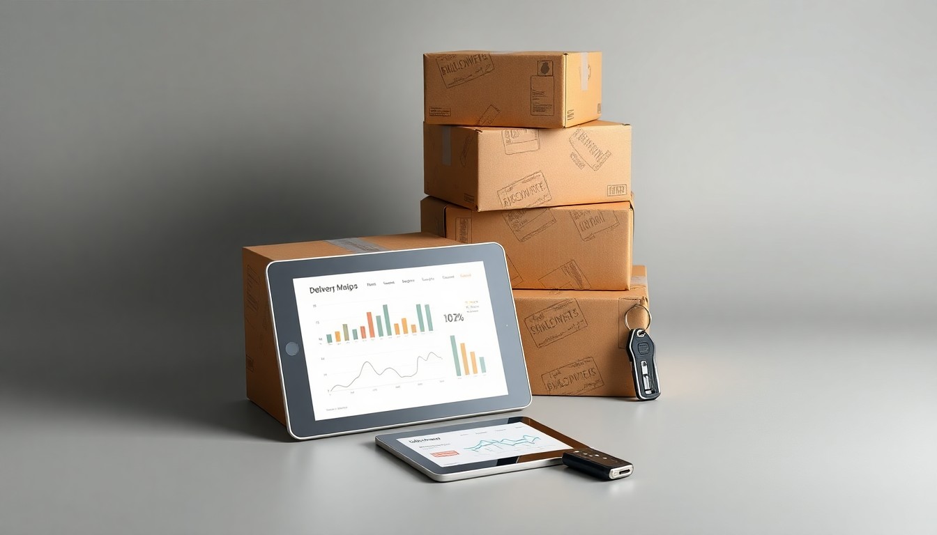 A photorealistic studio still life featuring a stack of delivery boxes, a tablet displaying delivery metrics, and a set of car keys, all arranged elegantly on a clean, monochromatic background and using dramatic lighting to symbolize the technology and logistics behind the on-demand delivery industry.