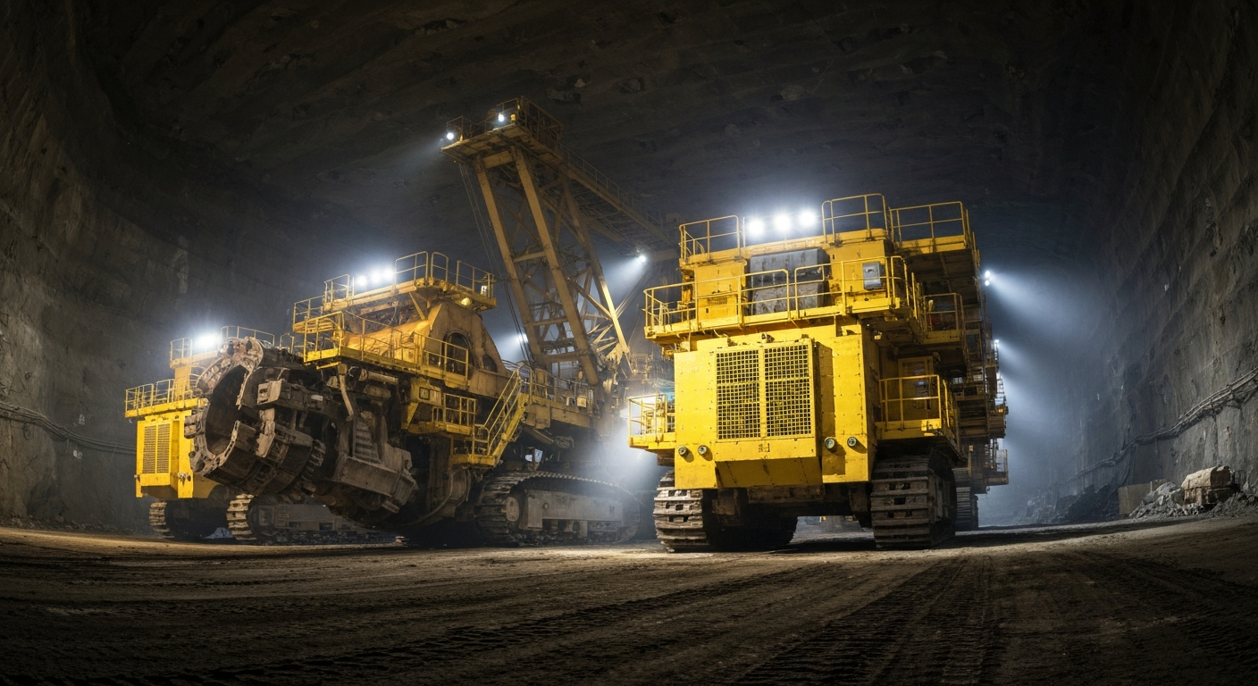 An extreme close-up of rugged, industrial gold mining equipment in muted, metallic tones, conveying the heavy, physical nature of the industry without using literal currency or charts.