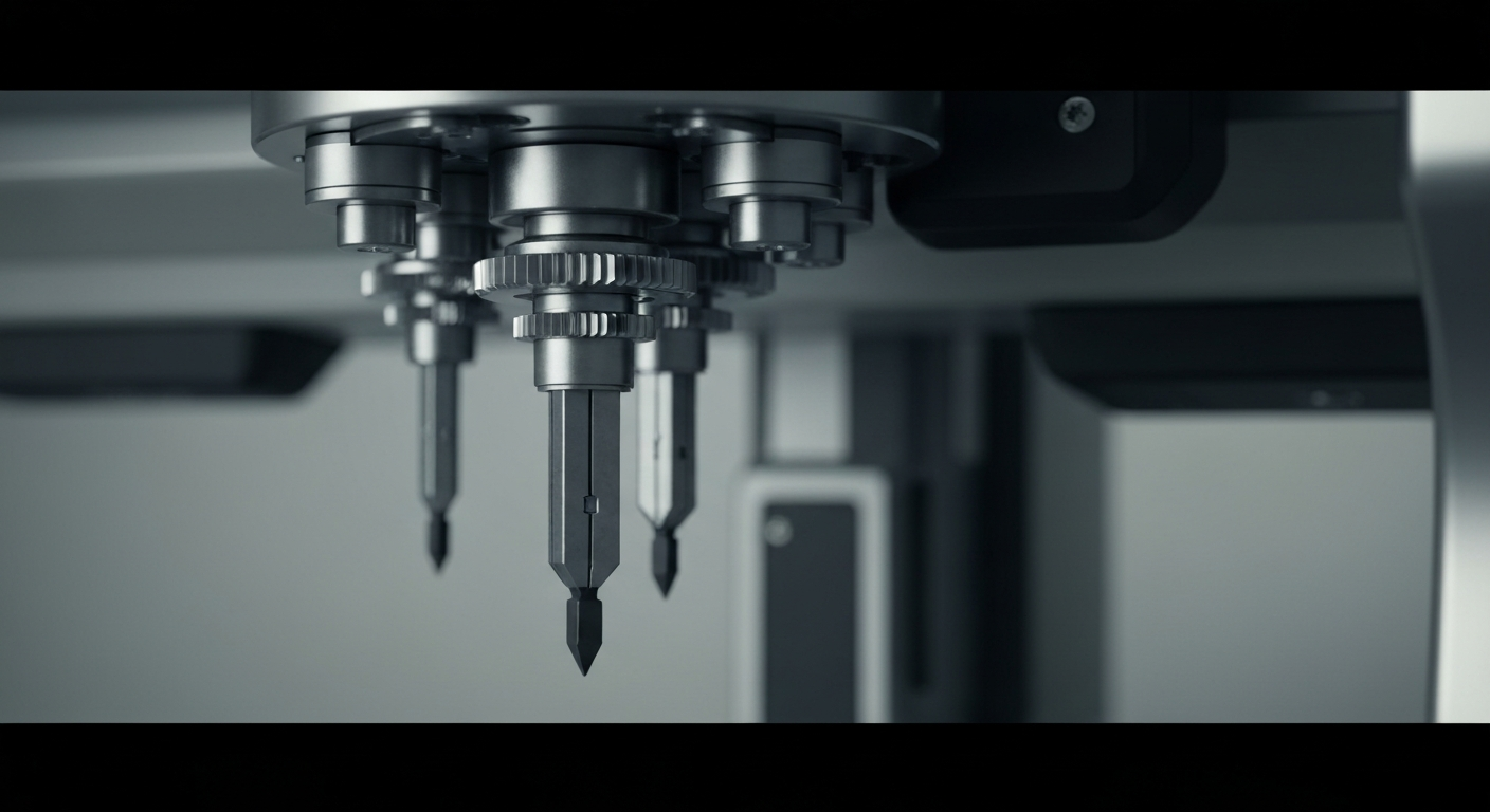 A highly detailed, close-up view of the internal components of a dental scanner, with gears, sensors, and other intricate machinery visible in muted industrial tones, conveying the advanced technology powering Align Technology's Invisalign products.