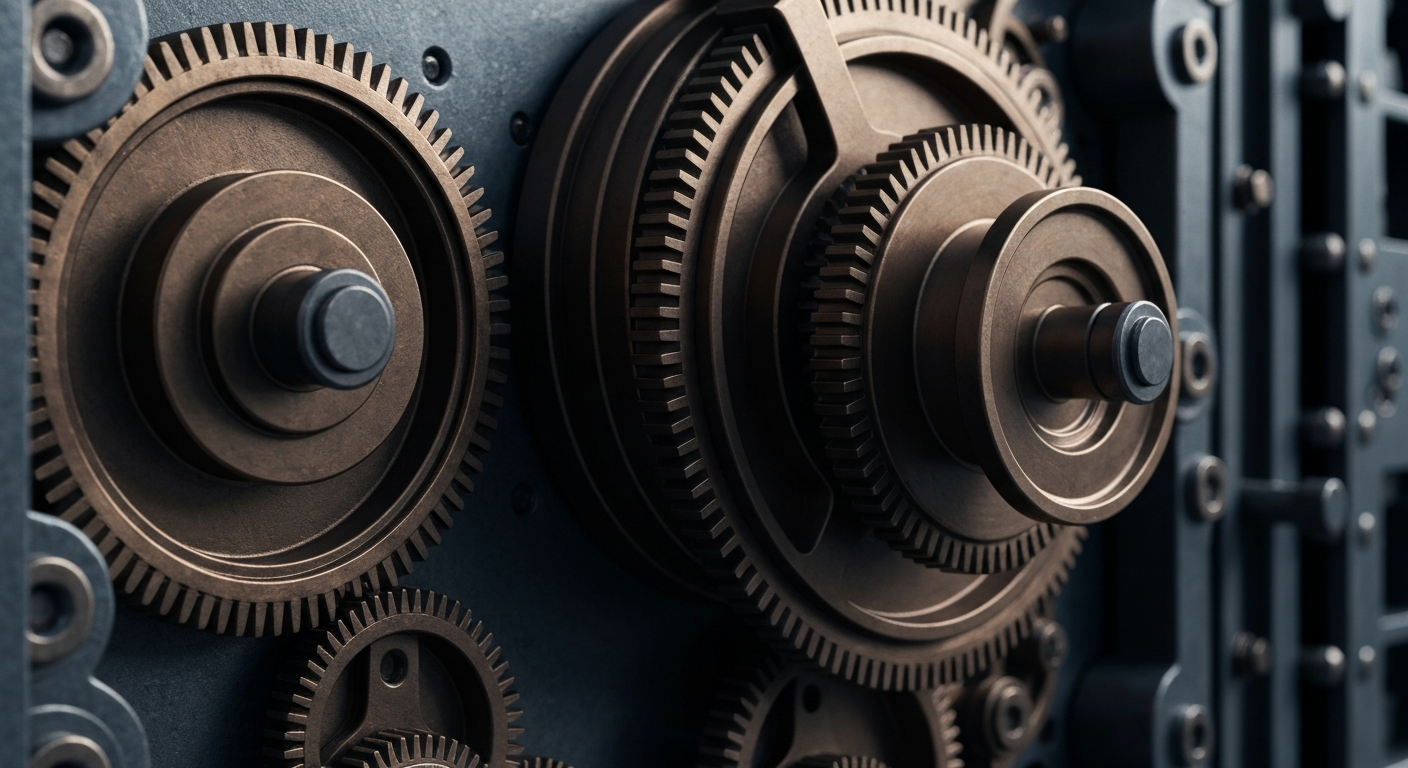 An extreme close-up of the heavy, industrial machinery and mechanisms of a bank vault door, conveying a sense of security, stability, and the complex financial systems that power a major regional bank.