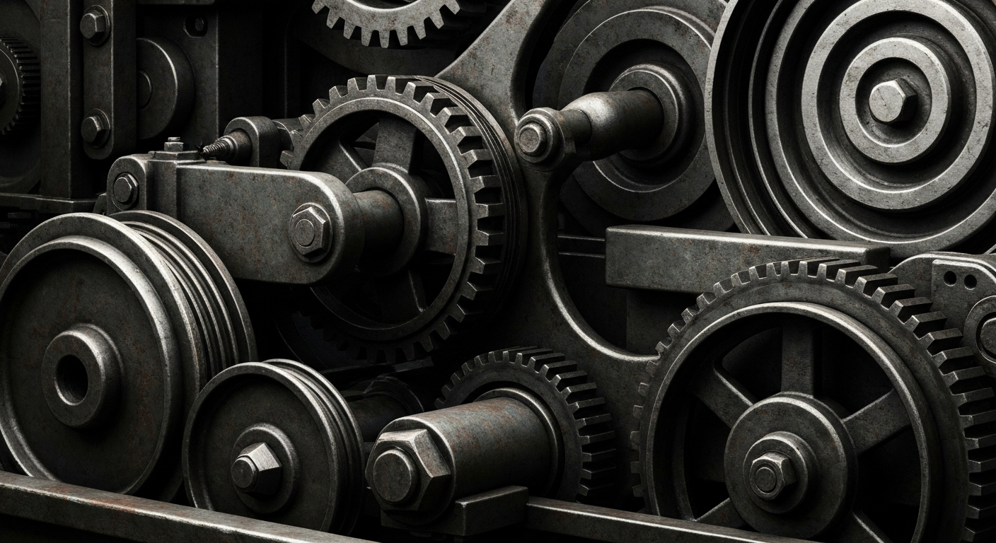 An extreme close-up of industrial machinery and equipment, conveying the complex financial infrastructure and institutional strength of the engineering and consulting industry.