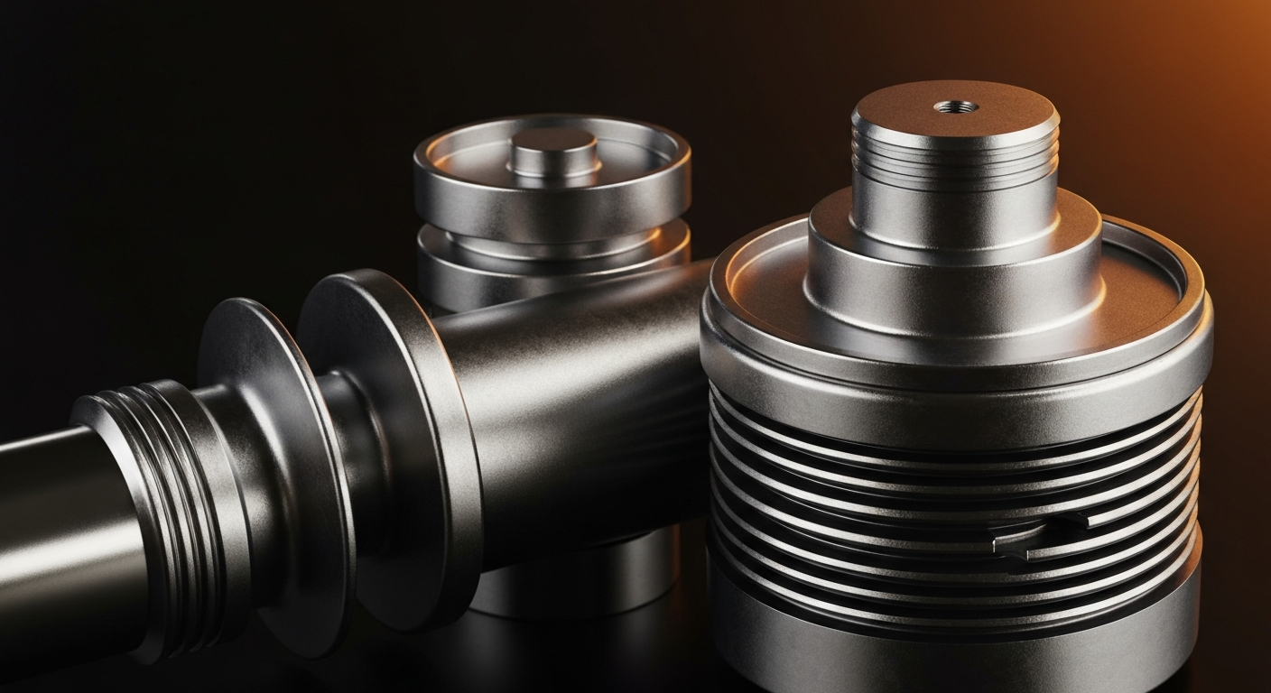 An extreme close-up of highly detailed, metallic medical device components and machinery, conveying the complex, industrial nature of Boston Scientific's business.